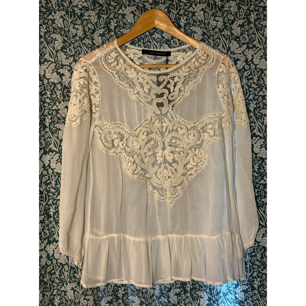 NWT Zara Size S White Lace Boho Hippy Blouse 3/4 Sleeve Feminine‎ 70s
